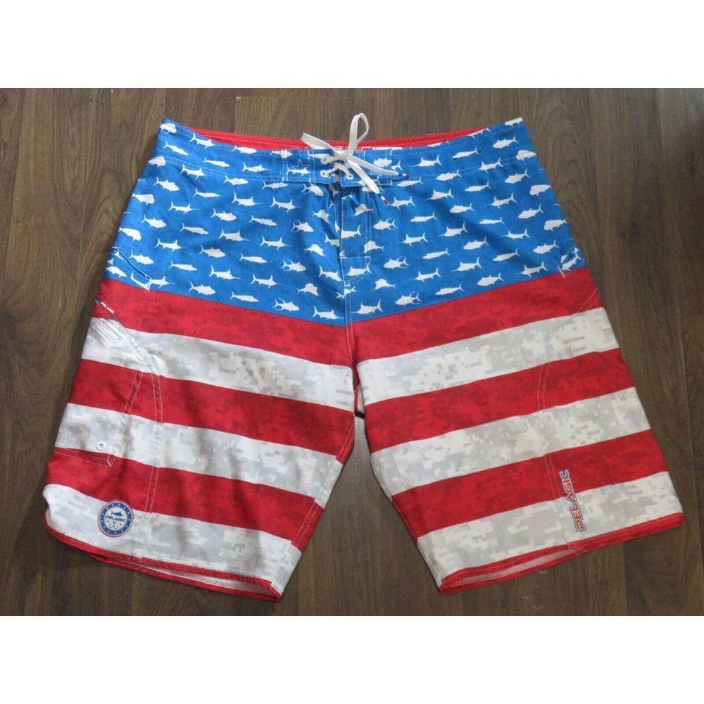 Mens Pelagic American Flag Board Shorts Fishing Size 38 Sharkskin‎ Cargo Fish